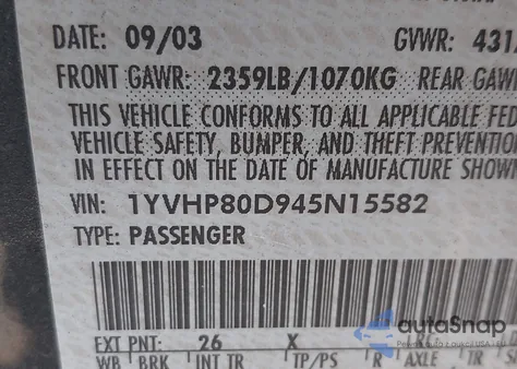 2004 Mazda 6 S z USA, uszkodzony, nr VIN 1YVHP80D945N15582